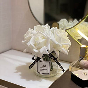 grtefhu Artificial Flowers with White Roses in Vase, Fake Flowers in Glass Jar with Ribbon, Silk Flower Arrangements in Vase with Artificial Flowers for Home Dining Table Decor.