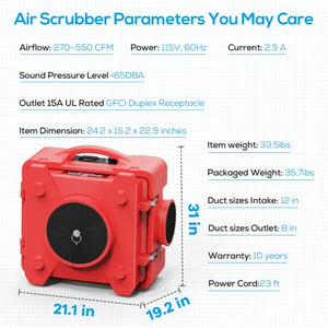 CADPXS 550CFM Air Scrubber HEPA Air Filtration System, Commercial Air Scrubber for Damage Restoration, Stackable Negative Air Machine with Daisy-Chain GFCI Duplex, Red
