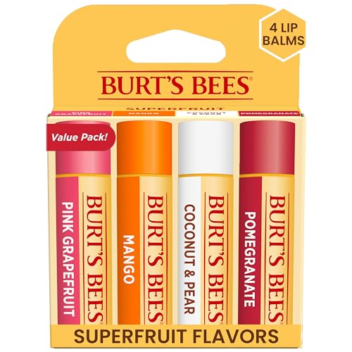 Burt's Bees Lip Balm Easter Basket Stuffers - Pink Grapefruit, Mango, Coconut & Pear, Pomegranate Pack, Lip Moisturizer With Beeswax, Tint-Free, Natural Conditioning Lip Treatment, 4 Tubes, 0.15 oz.