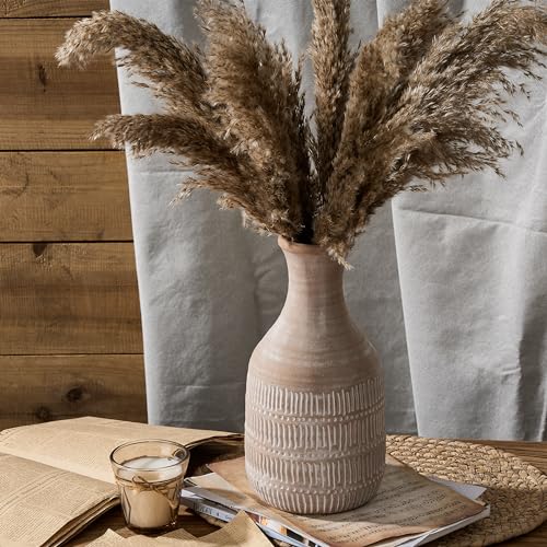 PORCER 11 Inch Ceramic Rustic Farmhouse Vase, Sand Glaze Finish Boho Vase, Pottery Decorative Flower Vase for Home Decor, Living Room, Entryway, Floor, Shelf, Christmas, New Year Gift - Beige