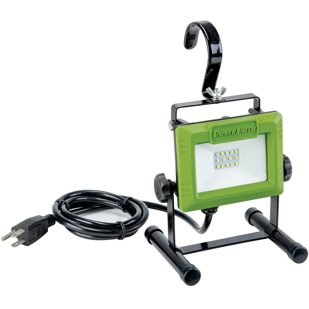 PowerSmith PWL110S 1080 Lumen LED Weatherproof Tiltable Portable Work Light with Large Adjustable Metal Hook, 360° Tilt, Metal Stand, Impact-Resistant Glass Lens, and 5' Power Cord , Green