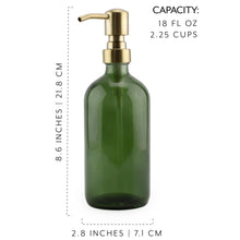 Darware Green Glass Soap Dispensers (2-Pack, Gold Metal Pumps, 16-Ounce); Decorative Pump Bottles for Kitchen and Bathroom
