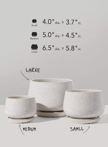 LE TAUCI Plant Pots, 4.1+5.1+6.5 inch, Set of 3, Ceramic Planters with Drainage Hole and Saucer, Indoor Flower Pot with Hole Mesh Pad, Gifts for Mom, Reactive Glaze Beige