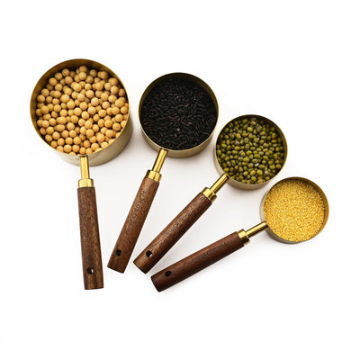 Uniturcky Gold Measuring Cups Set of 4, Stainless Steel Measuring Cups with Natural Wood Handle, Stackable Measuring Cups with Metric & US Measurements, Baking Tools, 60ml, 80ml, 125ml, 125ml
