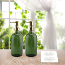 Darware Green Glass Soap Dispensers (2-Pack, Gold Metal Pumps, 16-Ounce); Decorative Pump Bottles for Kitchen and Bathroom