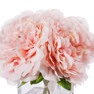 ENOVA HOME Artificial Peony Flowers Arrangements in Cube Glass Vase with Faux Water for Home Table Wedding Centerpiece Decor (Pink)