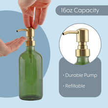 Darware Green Glass Soap Dispensers (2-Pack, Gold Metal Pumps, 16-Ounce); Decorative Pump Bottles for Kitchen and Bathroom