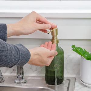 Darware Green Glass Soap Dispensers (2-Pack, Gold Metal Pumps, 16-Ounce); Decorative Pump Bottles for Kitchen and Bathroom