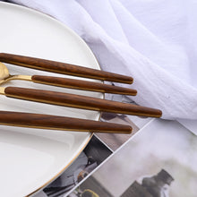 Uniturcky 16-Piece Silverware Set with Cake Fork, Gold Stainless Steel Flatware Cutlery Set, Eating Utensils Set with Wooden effect Handle, Include Knife Fork Spoon, Mirror Polished, Dishwasher Safe