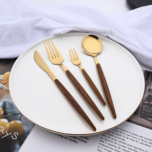 Uniturcky 16-Piece Silverware Set with Cake Fork, Gold Stainless Steel Flatware Cutlery Set, Eating Utensils Set with Wooden effect Handle, Include Knife Fork Spoon, Mirror Polished, Dishwasher Safe