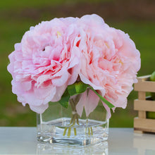 ENOVA HOME Artificial Peony Flowers Arrangements in Cube Glass Vase with Faux Water for Home Table Wedding Centerpiece Decor (Pink)