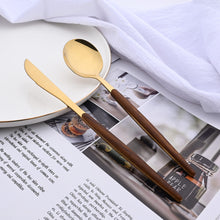 Uniturcky 16-Piece Silverware Set with Cake Fork, Gold Stainless Steel Flatware Cutlery Set, Eating Utensils Set with Wooden effect Handle, Include Knife Fork Spoon, Mirror Polished, Dishwasher Safe