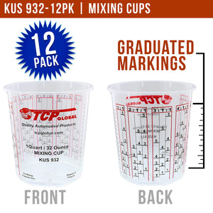 Custom Shop Pack Of 12 each 32 Ounce Paint Mix Cups with calibrated mixing ratios on side of cup
