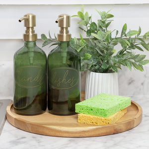 Darware Green Glass Soap Dispensers (2-Pack, Gold Metal Pumps, 16-Ounce); Decorative Pump Bottles for Kitchen and Bathroom
