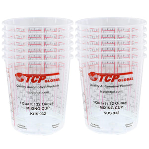 Custom Shop Pack Of 12 each 32 Ounce Paint Mix Cups with calibrated mixing ratios on side of cup