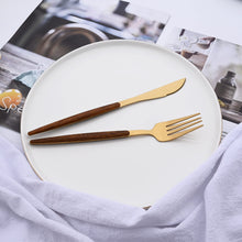 Uniturcky 16-Piece Silverware Set with Cake Fork, Gold Stainless Steel Flatware Cutlery Set, Eating Utensils Set with Wooden effect Handle, Include Knife Fork Spoon, Mirror Polished, Dishwasher Safe