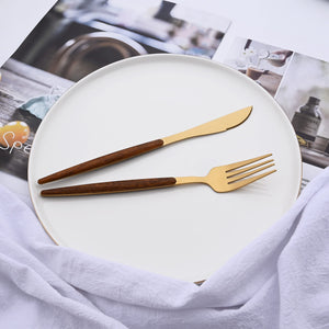 Uniturcky 16-Piece Silverware Set with Cake Fork, Gold Stainless Steel Flatware Cutlery Set, Eating Utensils Set with Wooden effect Handle, Include Knife Fork Spoon, Mirror Polished, Dishwasher Safe