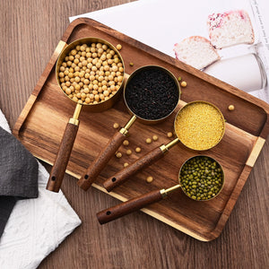 Uniturcky Gold Measuring Cups Set of 4, Stainless Steel Measuring Cups with Natural Wood Handle, Stackable Measuring Cups with Metric & US Measurements, Baking Tools, 60ml, 80ml, 125ml, 125ml